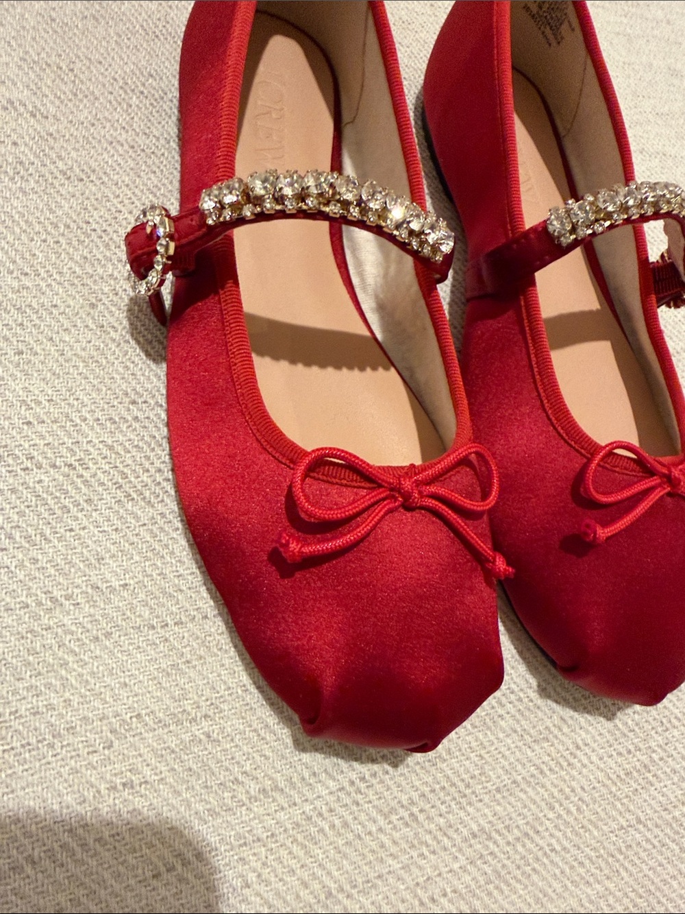 J. Crew Red Satin Mary Jane Flats with Crystal Strap and Bow - size 8.5 - Picture 2 of 10